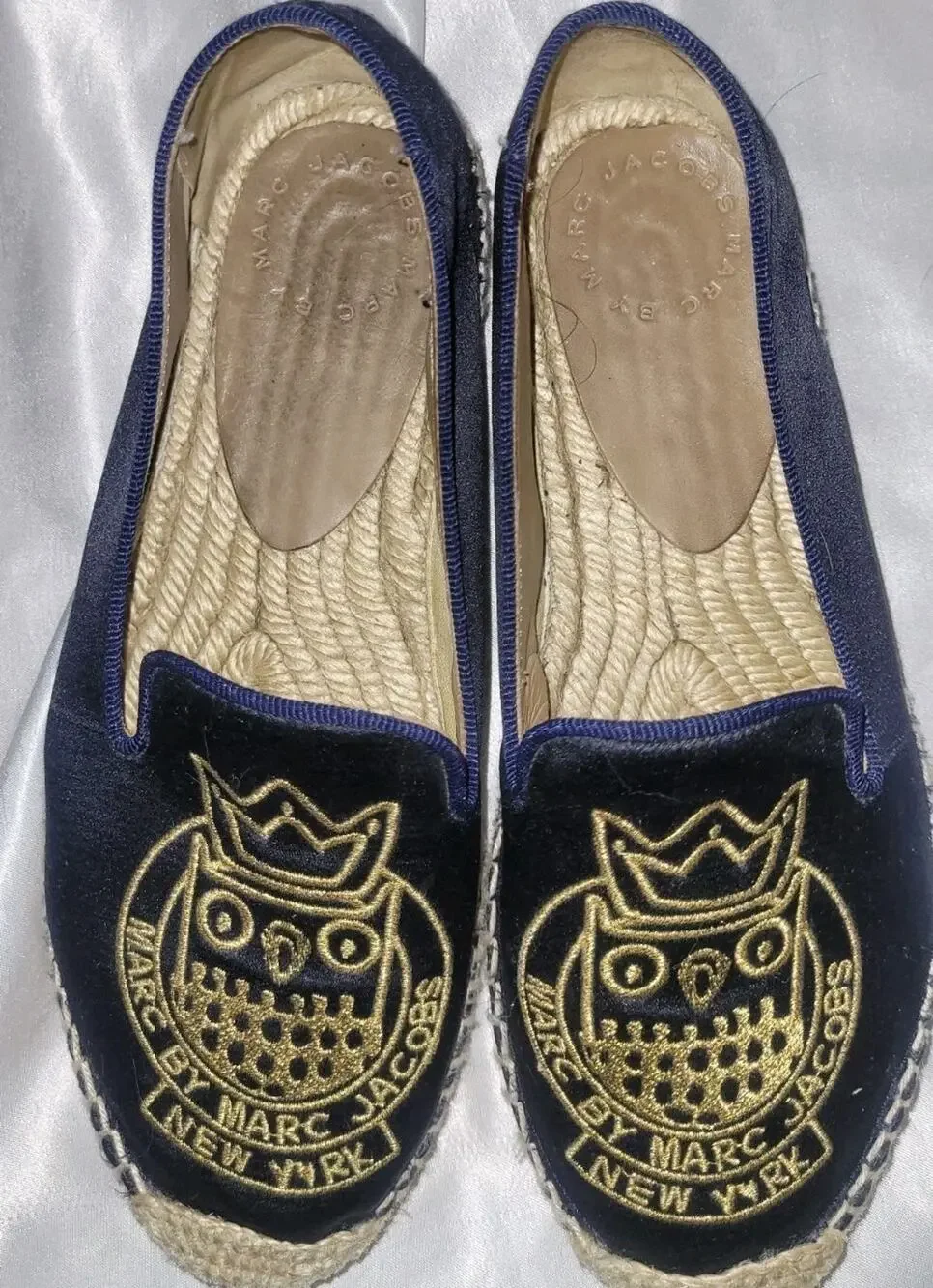 Marc Jacobs New York Espadrille, Navy Blue Velvet & Gold Owl Embroidery Spain
